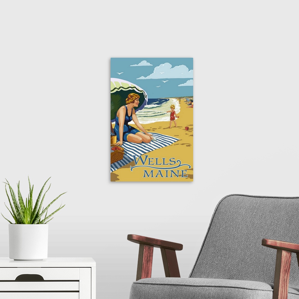 A modern room featuring Wells, Maine, Woman on Beach