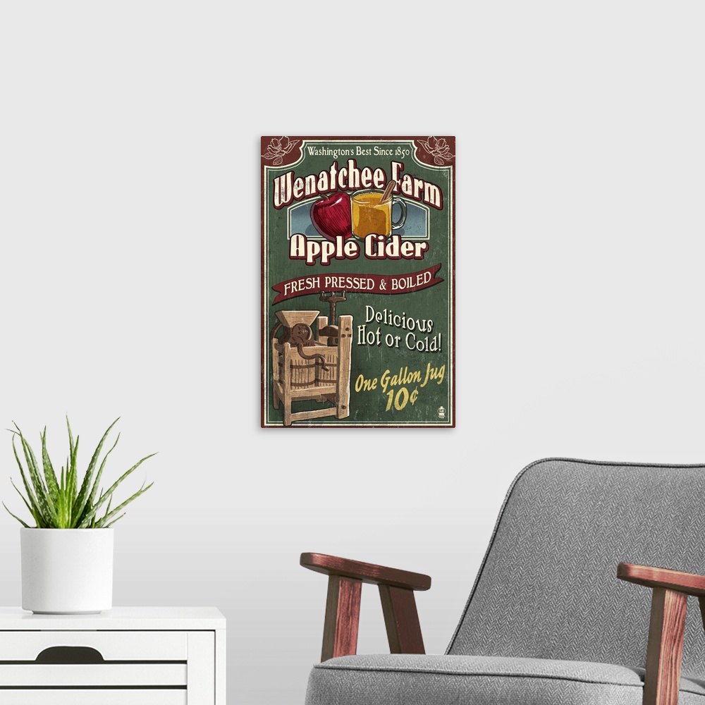 A modern room featuring Wenatchee, Washington - Apple Cider Vintage Sign: Retro Travel Poster
