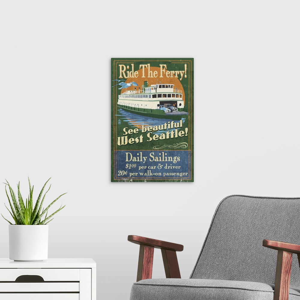 A modern room featuring Retro stylized art poster of a vintage sign with a ferry on the water.