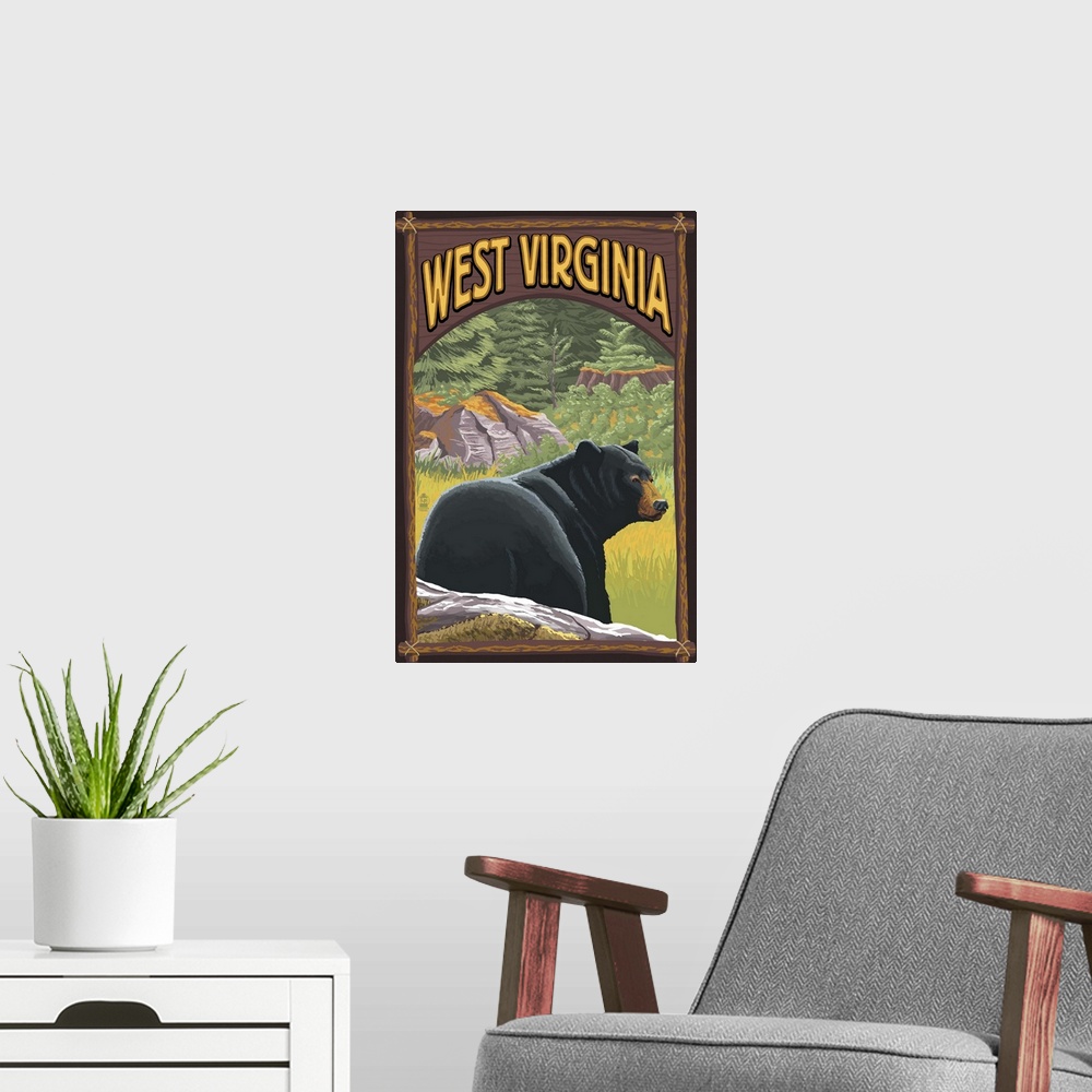 A modern room featuring Retro stylized art poster of a black bear in the wild.