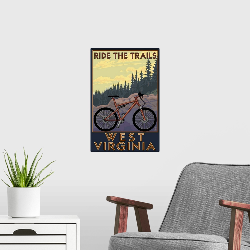 A modern room featuring Retro stylized art poster of a mountain bike in a wilderness scene.