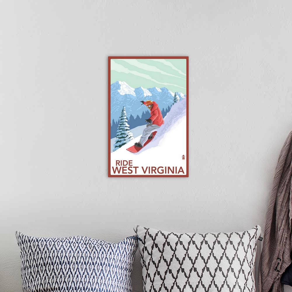 A bohemian room featuring West Virginia - Snowboarder: Retro Travel Poster