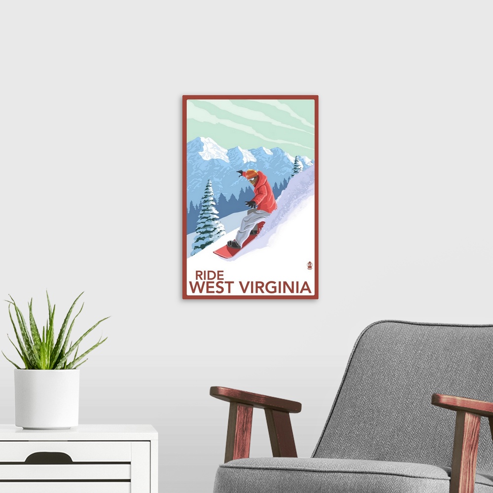 A modern room featuring West Virginia - Snowboarder: Retro Travel Poster
