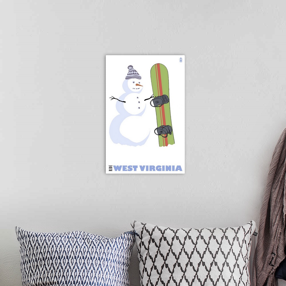 A bohemian room featuring West Virginia - Snowman with Snowboard: Retro Travel Poster