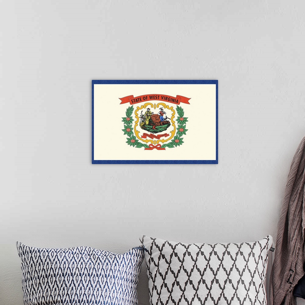 A bohemian room featuring West Virginia State Flag