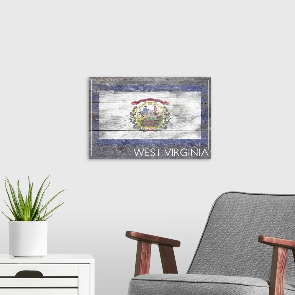 A modern room featuring The flag of West Virginia with a weathered wooden board effect.