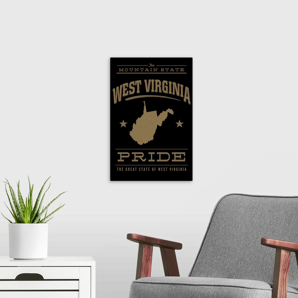 A modern room featuring The West Virginia state outline on black with gold text.