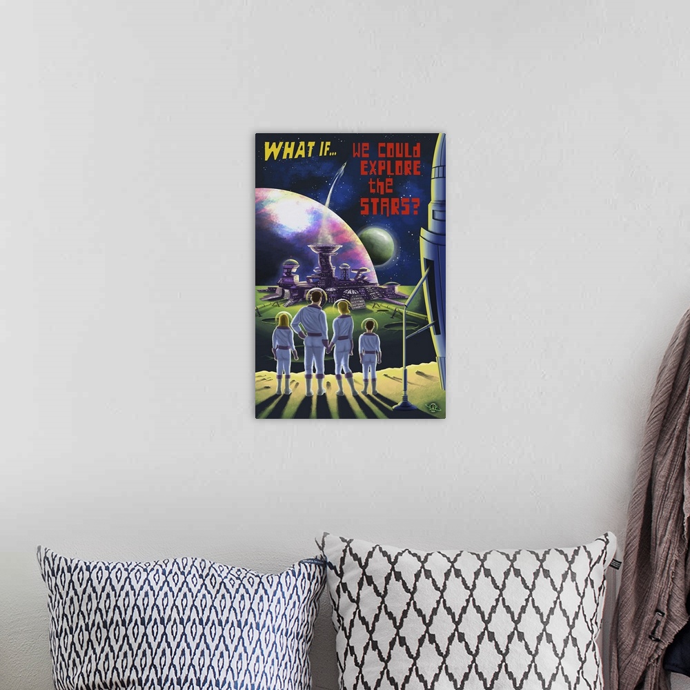 A bohemian room featuring What If We Could Explore The Stars: Retro Poster Art