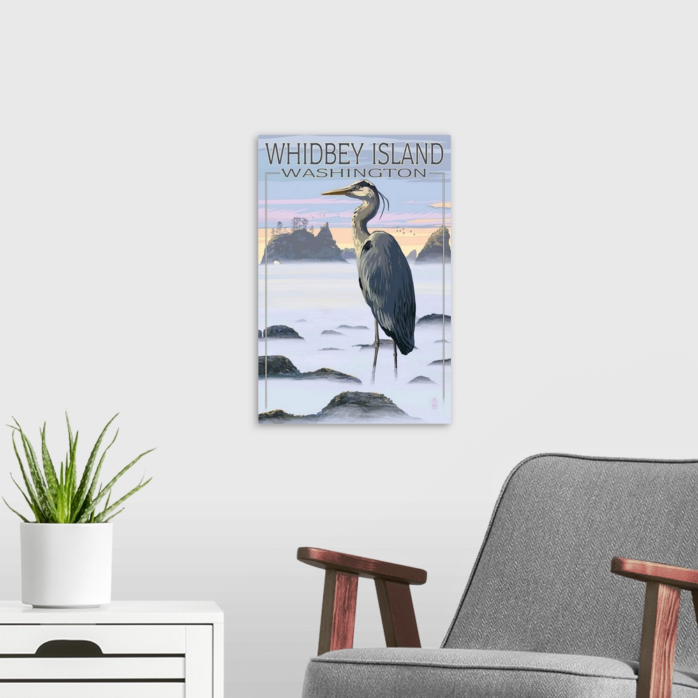A modern room featuring Retro stylized art poster of a blue heron standing in hazy rocky landscape.
