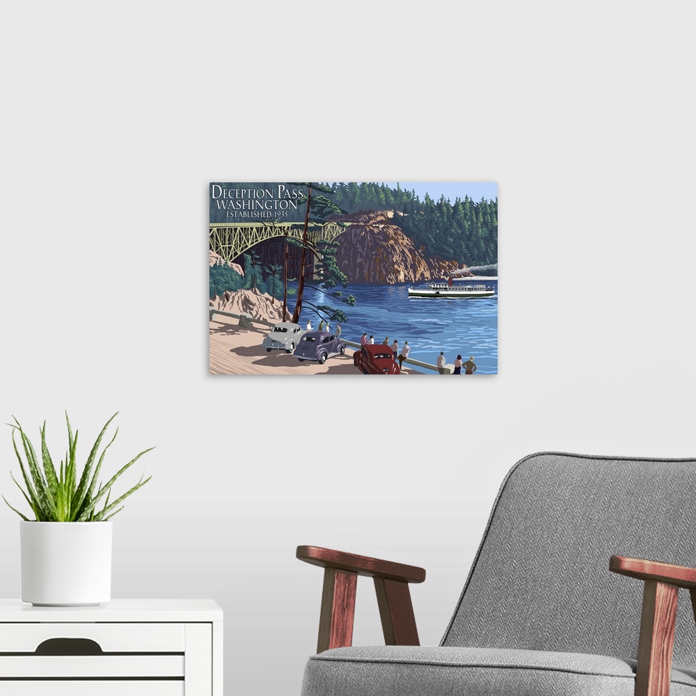 A modern room featuring Whidbey Island, Washington - Deception Pass Bridge: Retro Travel Poster