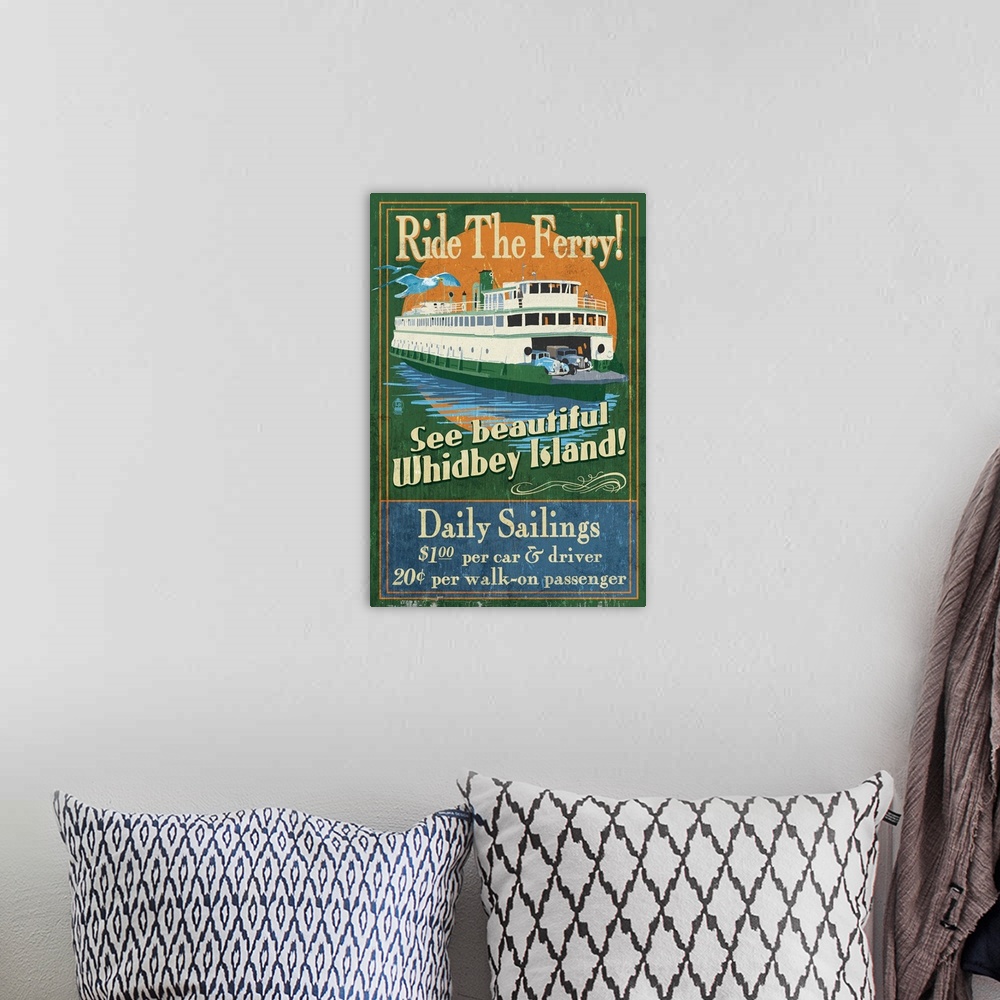 A bohemian room featuring Retro stylized art poster of a ferry on the water, with a bird flying beside it.