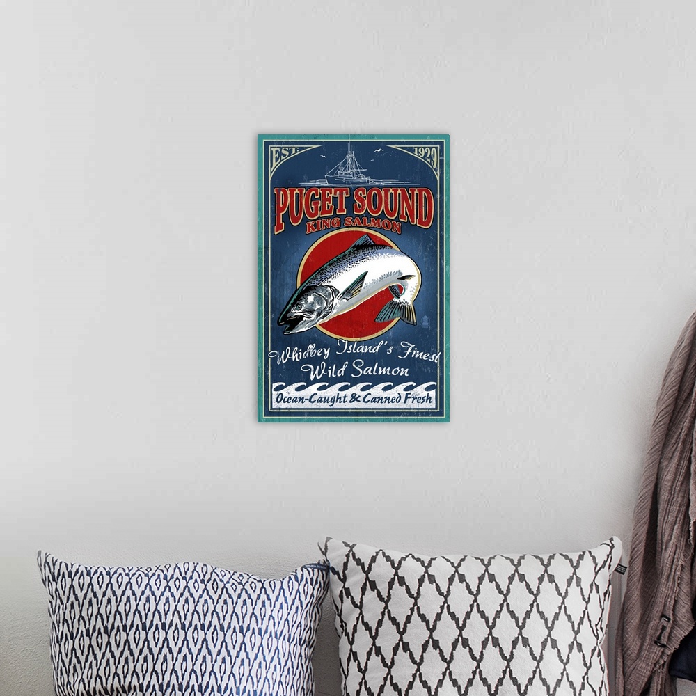 A bohemian room featuring Whidbey Island, Washington, Salmon Vintage Sign