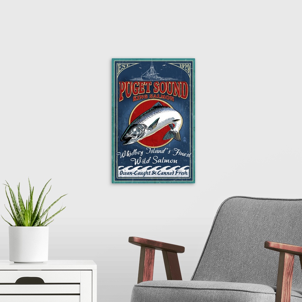 A modern room featuring Whidbey Island, Washington, Salmon Vintage Sign