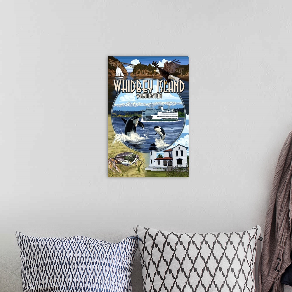 A bohemian room featuring Retro stylized art poster of montage of sights including orca whales, crabs a lighthouse and and ...