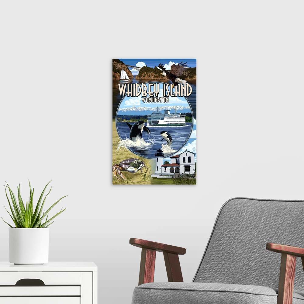 A modern room featuring Retro stylized art poster of montage of sights including orca whales, crabs a lighthouse and and ...