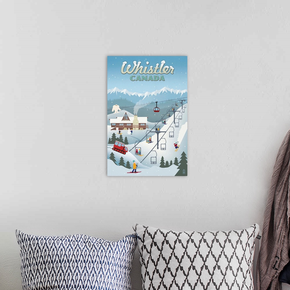 A bohemian room featuring Whistler Village Retro Scene - Whistler, Canada: Retro Travel Poster