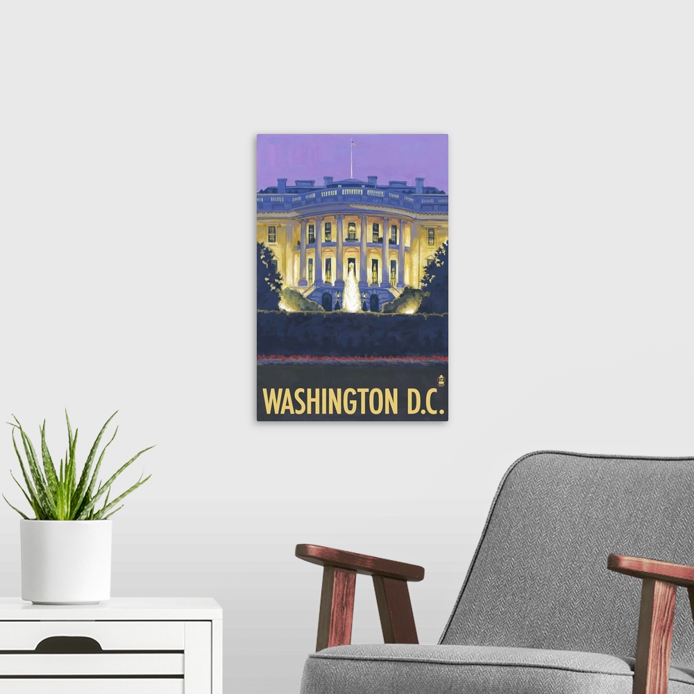 A modern room featuring White House - Washington DC: Retro Travel Poster