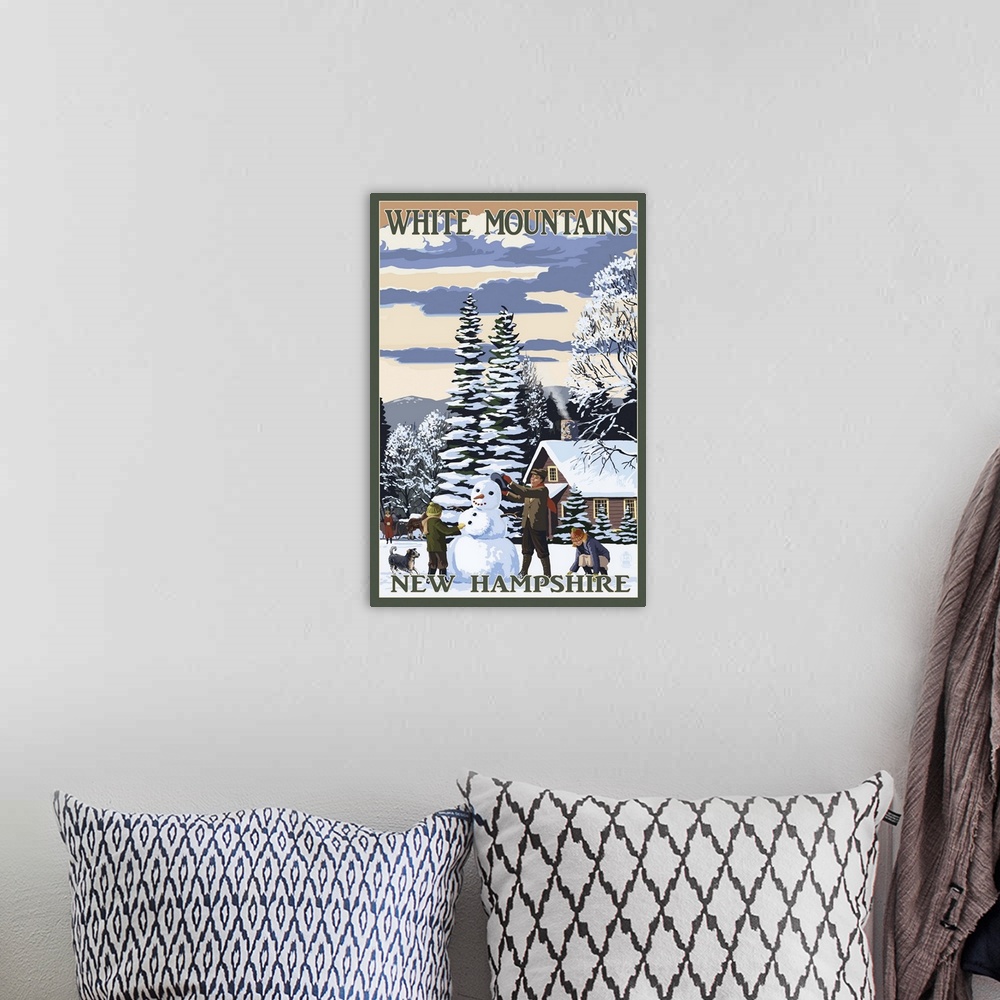A bohemian room featuring White Mountains, New Hampshire - Snowman and Cabin: Retro Travel Poster