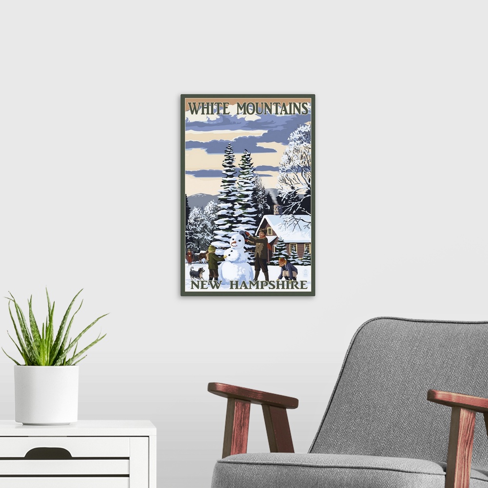 A modern room featuring White Mountains, New Hampshire - Snowman and Cabin: Retro Travel Poster
