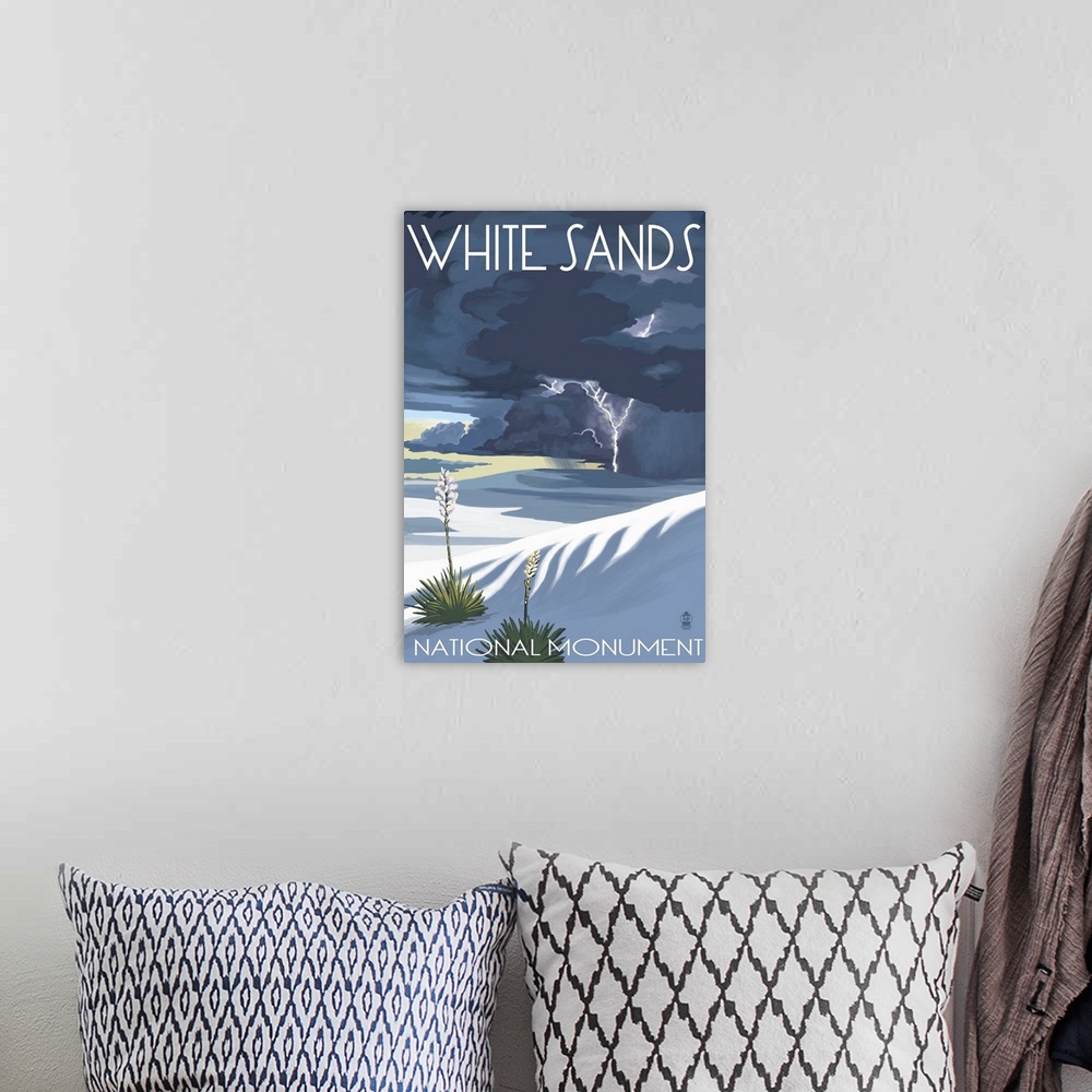 A bohemian room featuring White Sands National Monument, New Mexico - Lightning Storm: Retro Travel Poster