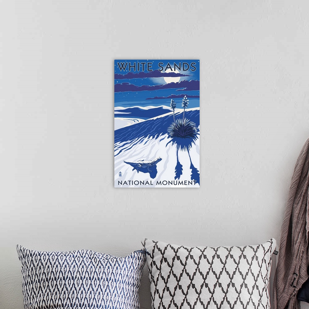 A bohemian room featuring White Sands National Monument, New Mexico - Night Scene: Retro Travel Poster