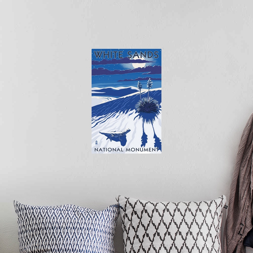 A bohemian room featuring White Sands National Monument, New Mexico - Night Scene: Retro Travel Poster