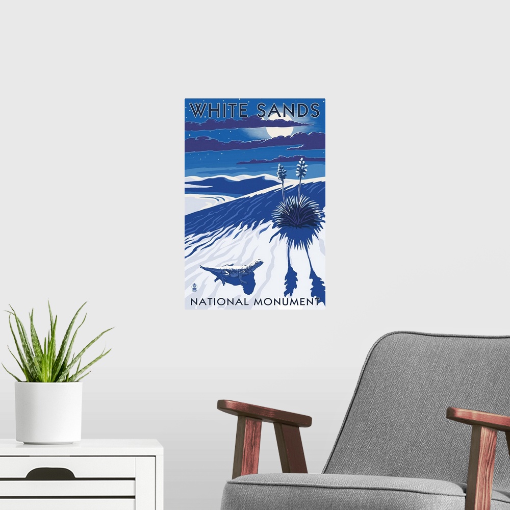 A modern room featuring White Sands National Monument, New Mexico - Night Scene: Retro Travel Poster