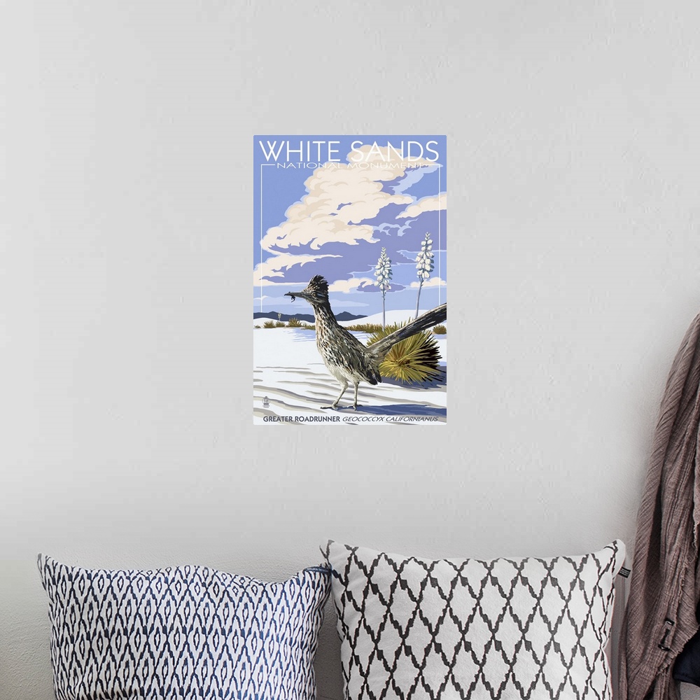 A bohemian room featuring White Sands National Monument, New Mexico - Roadrunner: Retro Travel Poster