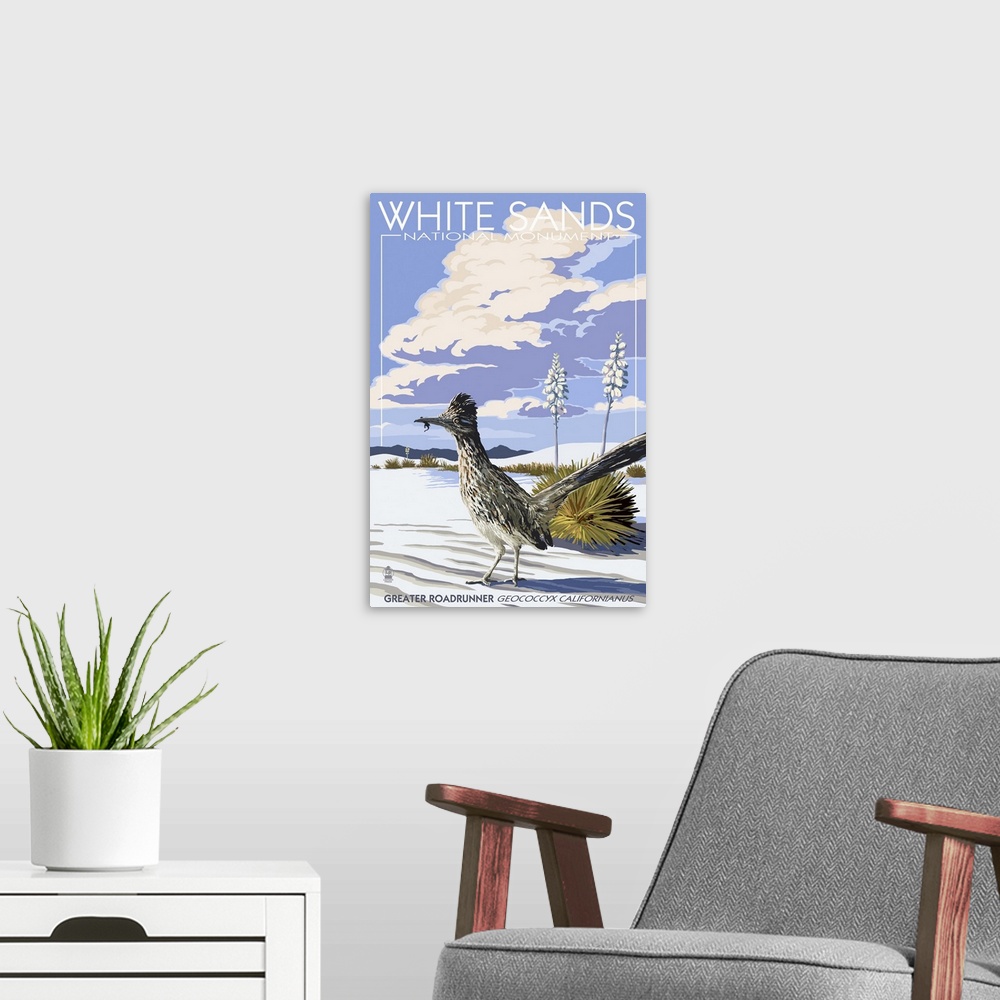 A modern room featuring White Sands National Monument, New Mexico - Roadrunner: Retro Travel Poster