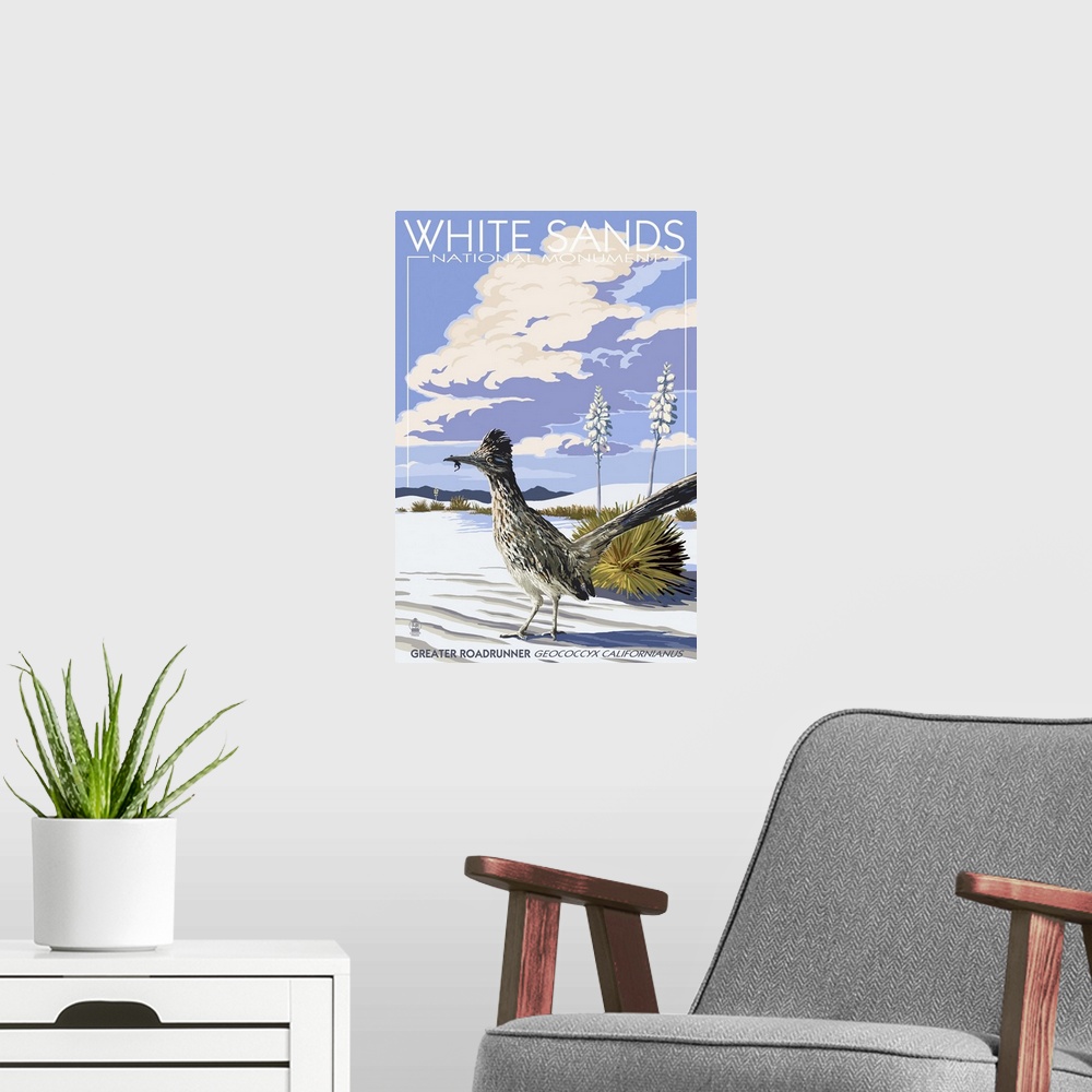 A modern room featuring White Sands National Monument, New Mexico - Roadrunner: Retro Travel Poster