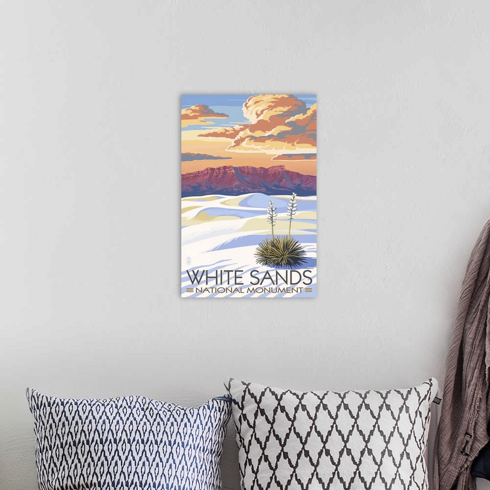 A bohemian room featuring White Sands National Monument, New Mexico - Sunset Scene: Retro Travel Poster