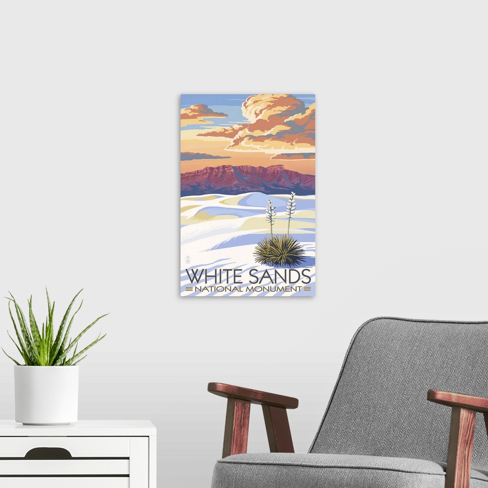 A modern room featuring White Sands National Monument, New Mexico - Sunset Scene: Retro Travel Poster
