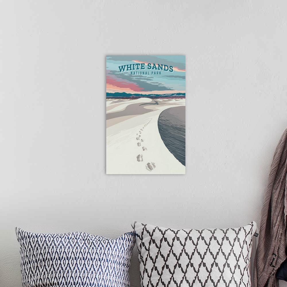 A bohemian room featuring White Sands National Park, Footprints: Retro Travel Poster
