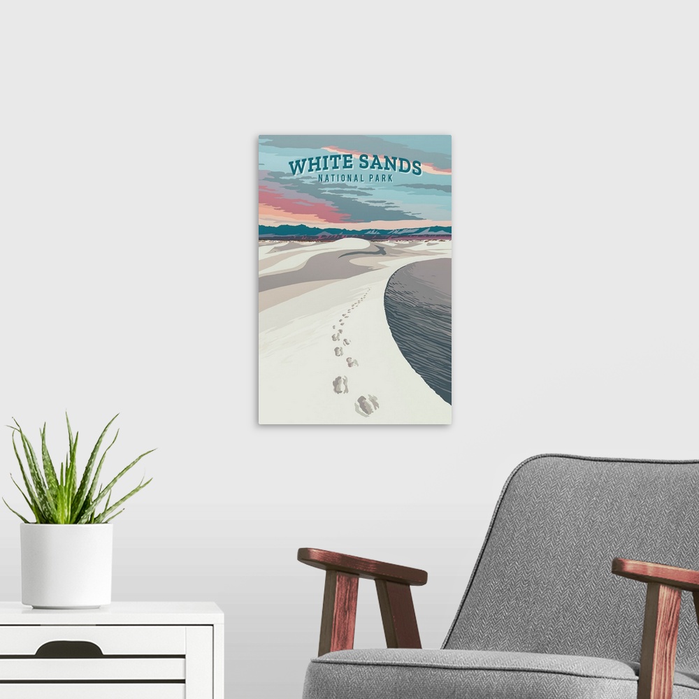 A modern room featuring White Sands National Park, Footprints: Retro Travel Poster