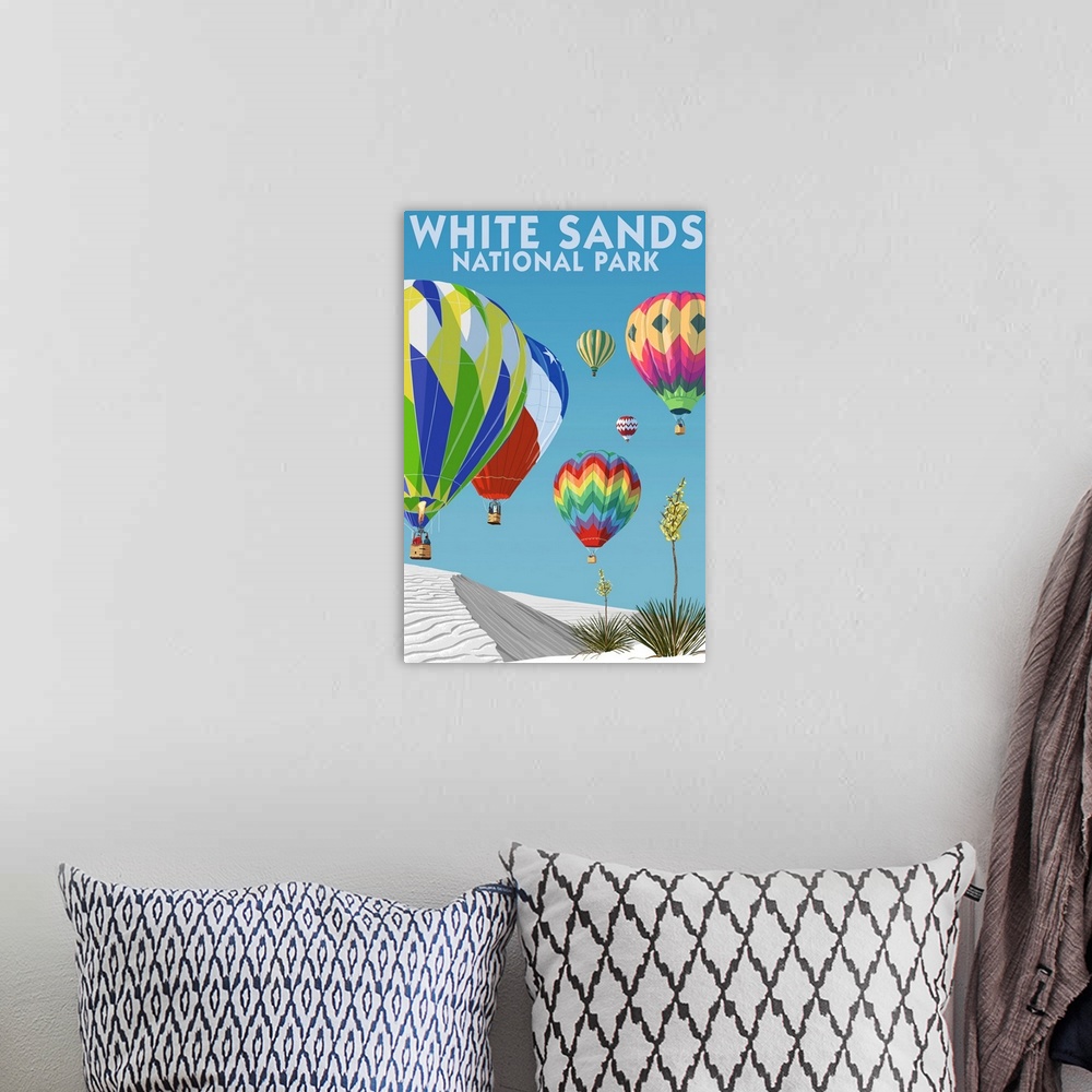A bohemian room featuring White Sands National Park, Hot Air Balloons: Retro Travel Poster