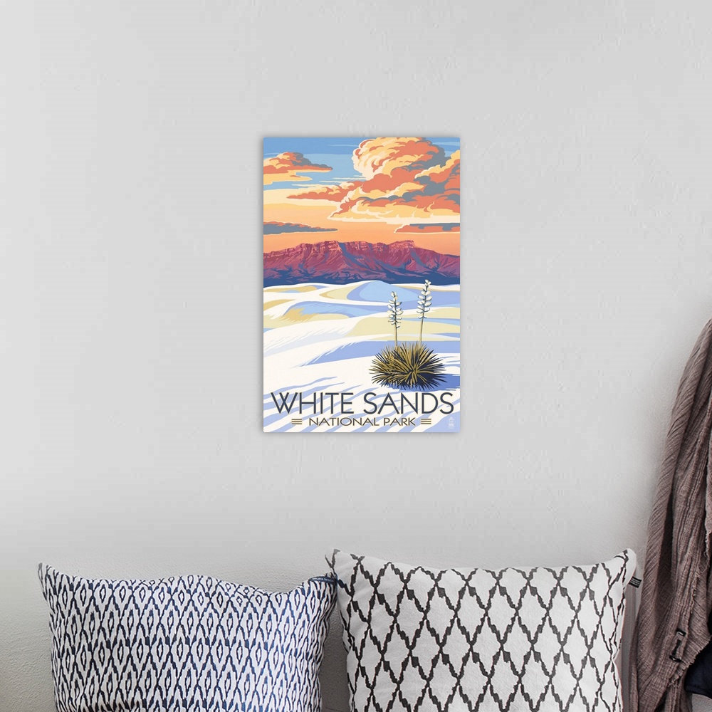 A bohemian room featuring White Sands National Park, Natural Landscape: Retro Travel Poster