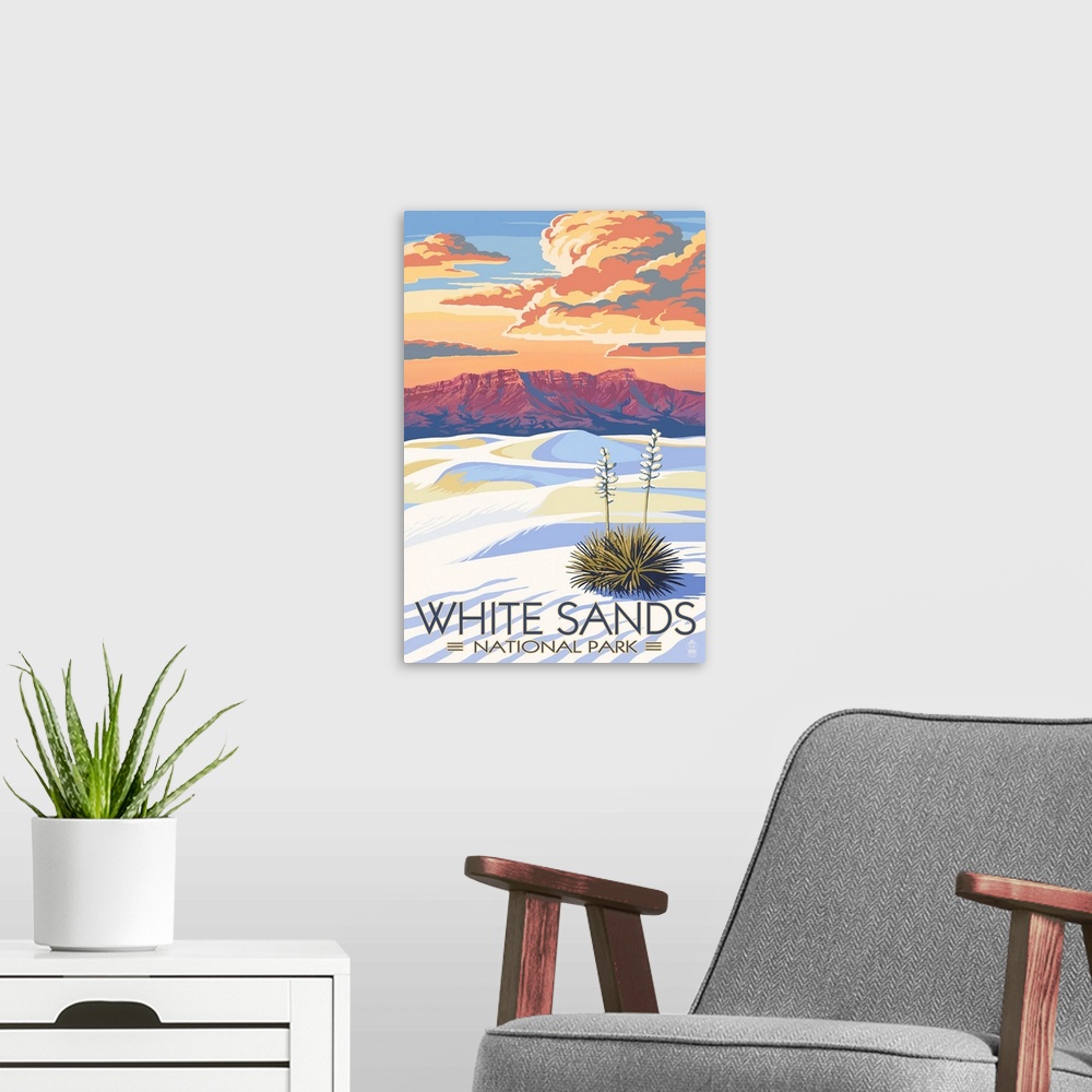 A modern room featuring White Sands National Park, Natural Landscape: Retro Travel Poster