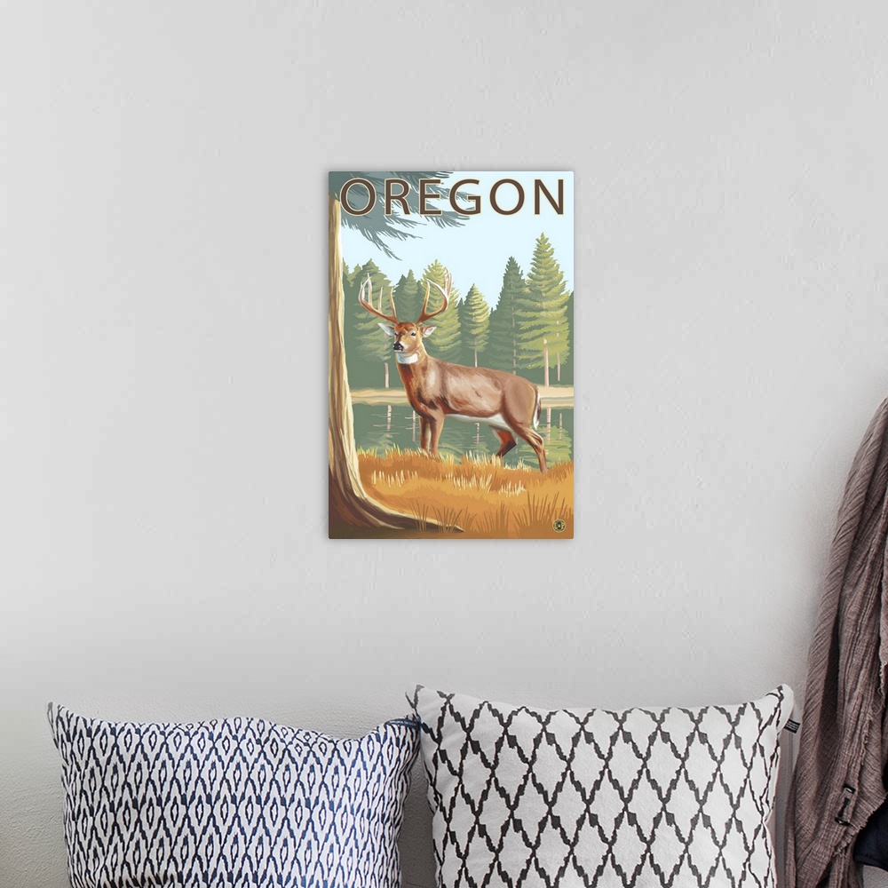 A bohemian room featuring White-Tailed Deer - Oregon: Retro Travel Poster