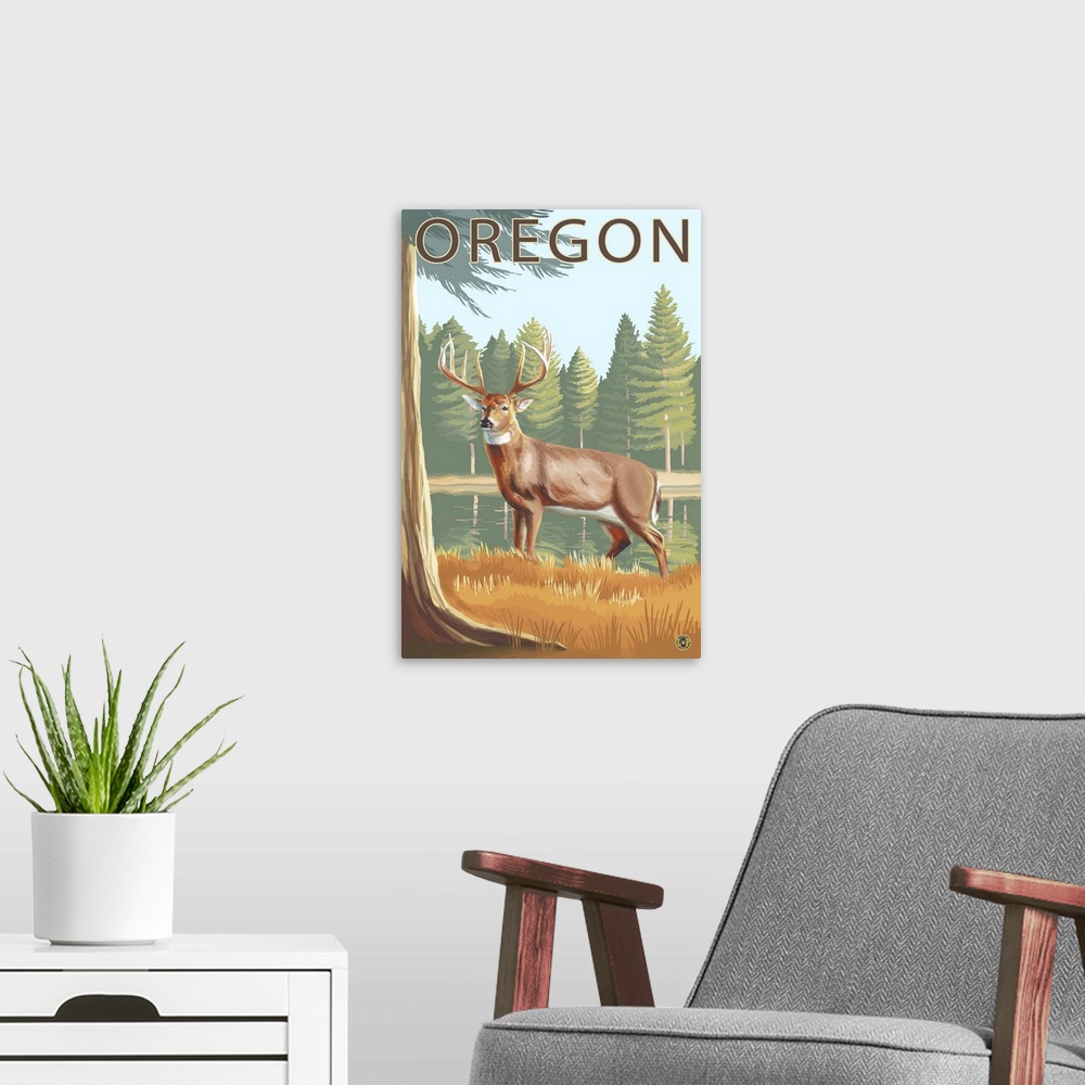 A modern room featuring White-Tailed Deer - Oregon: Retro Travel Poster