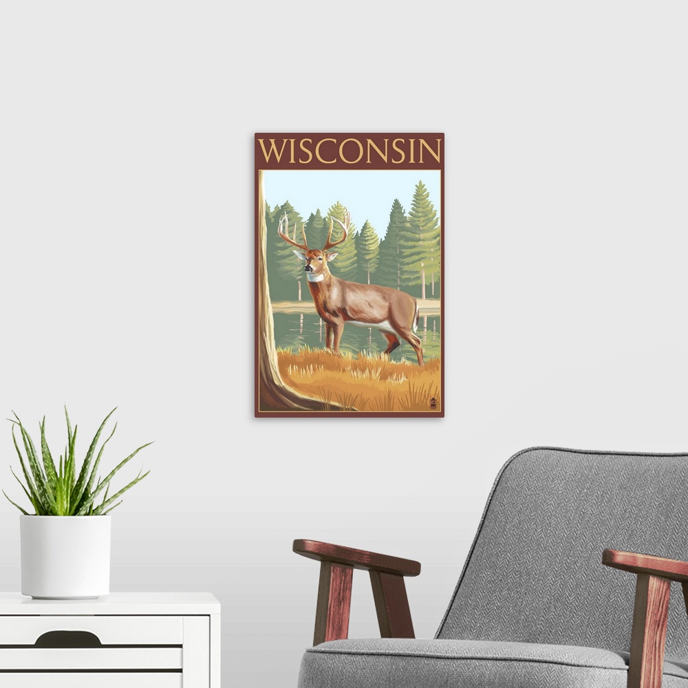 A modern room featuring White-tailed Deer - Wisconsin: Retro Travel Poster