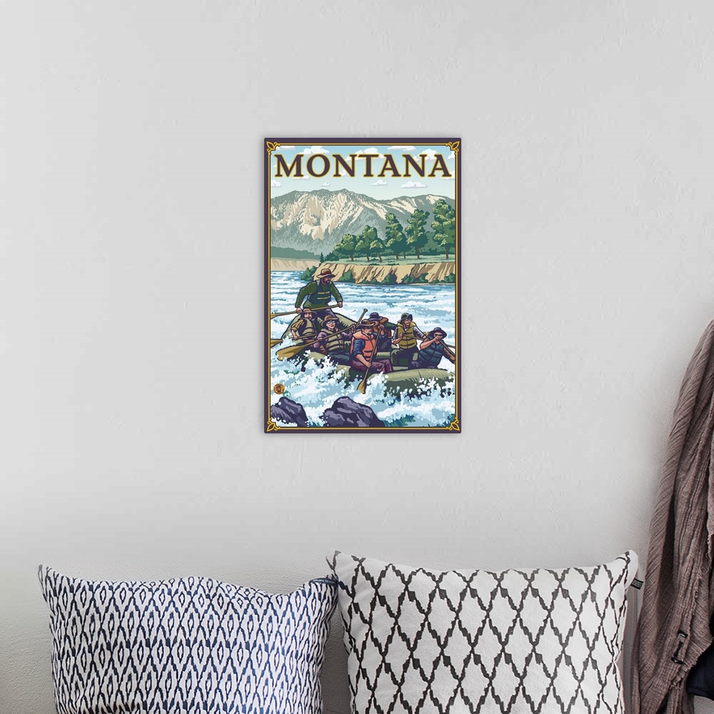 A bohemian room featuring White Water Rafting - Montana: Retro Travel Poster