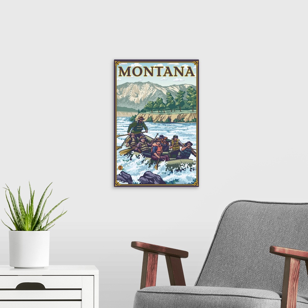 A modern room featuring White Water Rafting - Montana: Retro Travel Poster