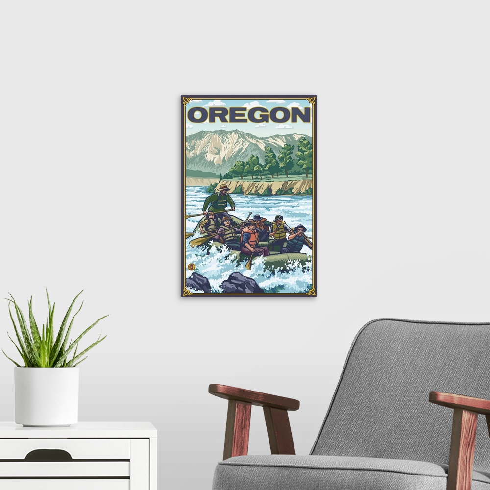 A modern room featuring White Water Rafting - Oregon: Retro Travel Poster