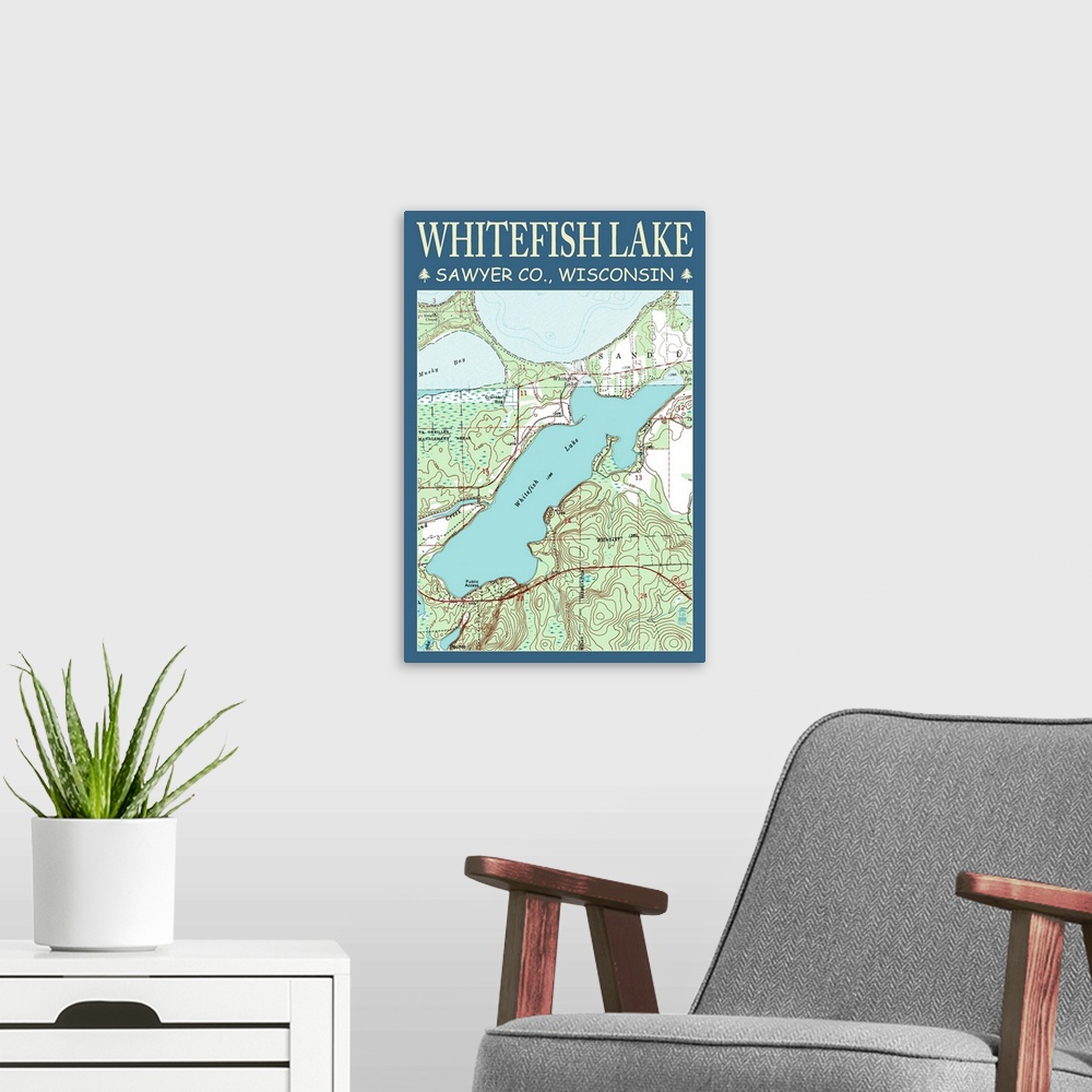 A modern room featuring Whitefish Lake Chart, Sawyer County, Wisconsin