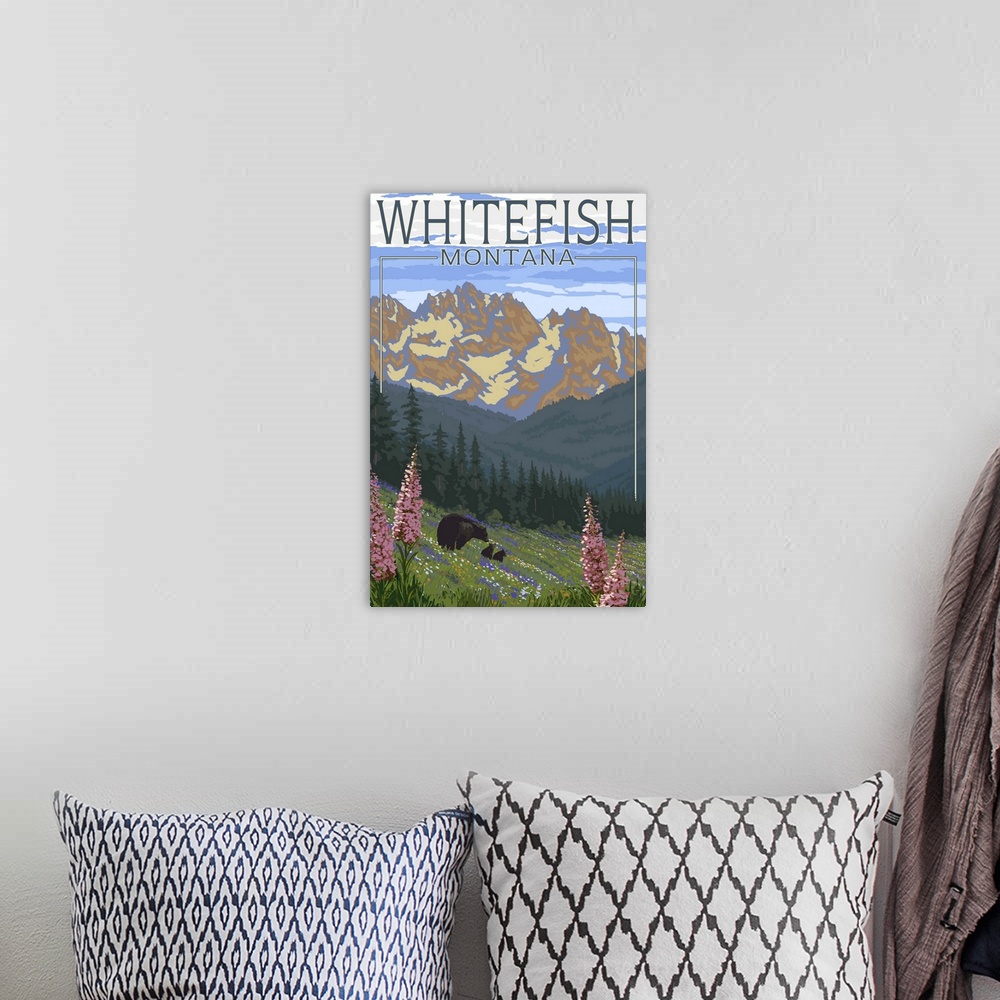 A bohemian room featuring Whitefish, Montana - Bear and Spring Flowers: Retro Travel Poster
