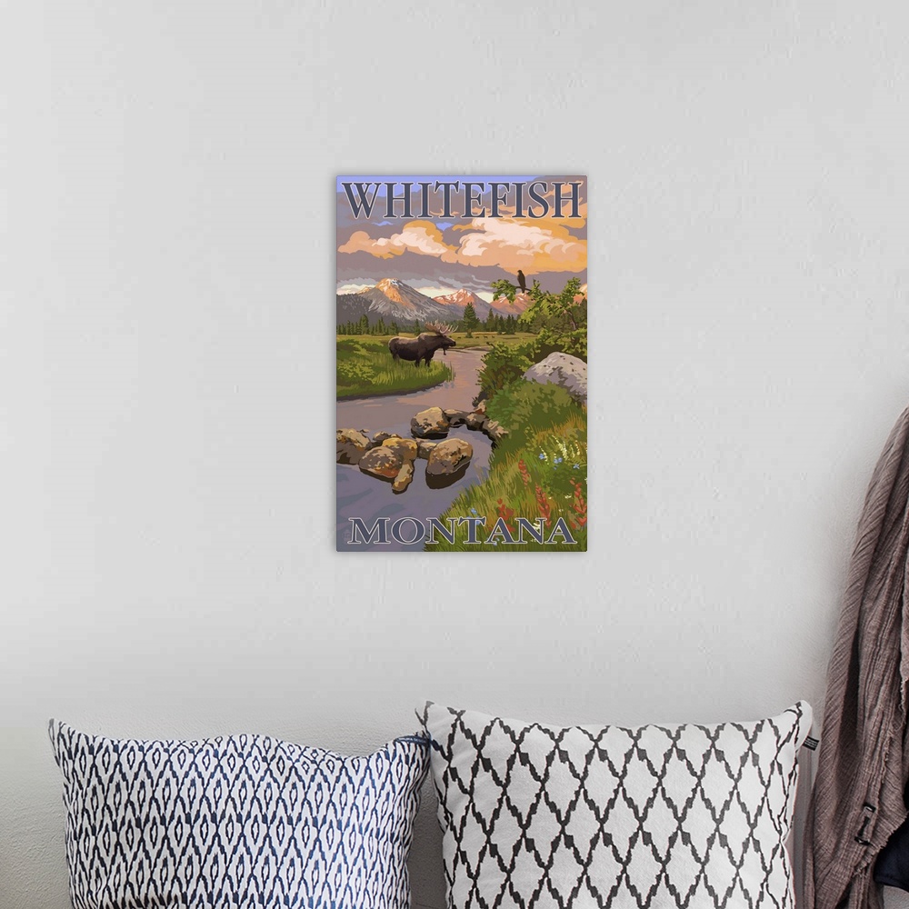 A bohemian room featuring Whitefish, Montana - Moose and Meadow: Retro Travel Poster