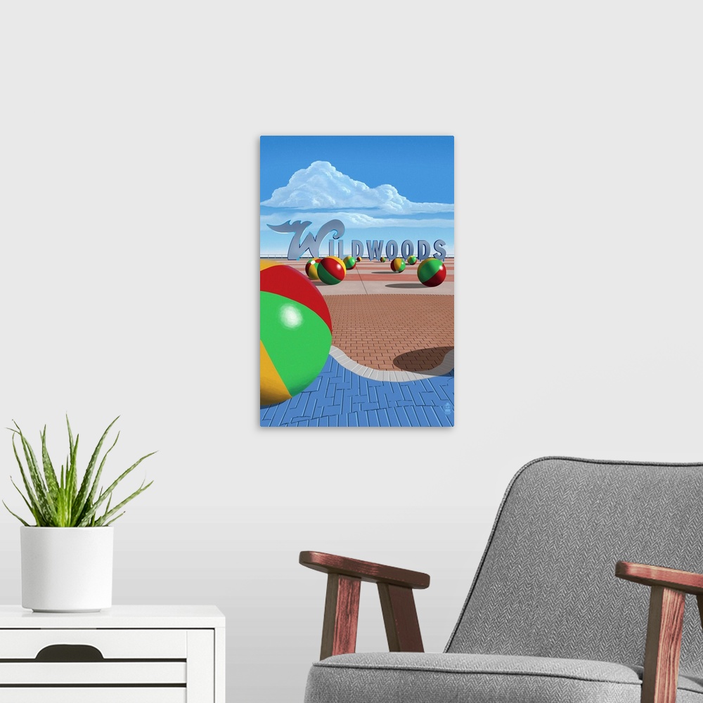 A modern room featuring Wildwood, New Jersey - Beach Balls and Sign: Retro Travel Poster