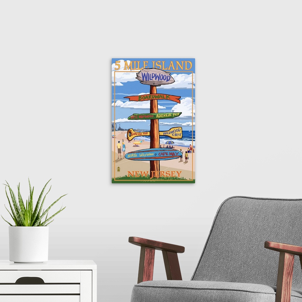 A modern room featuring Wildwood, New Jersey - Destination Sign: Retro Travel Poster