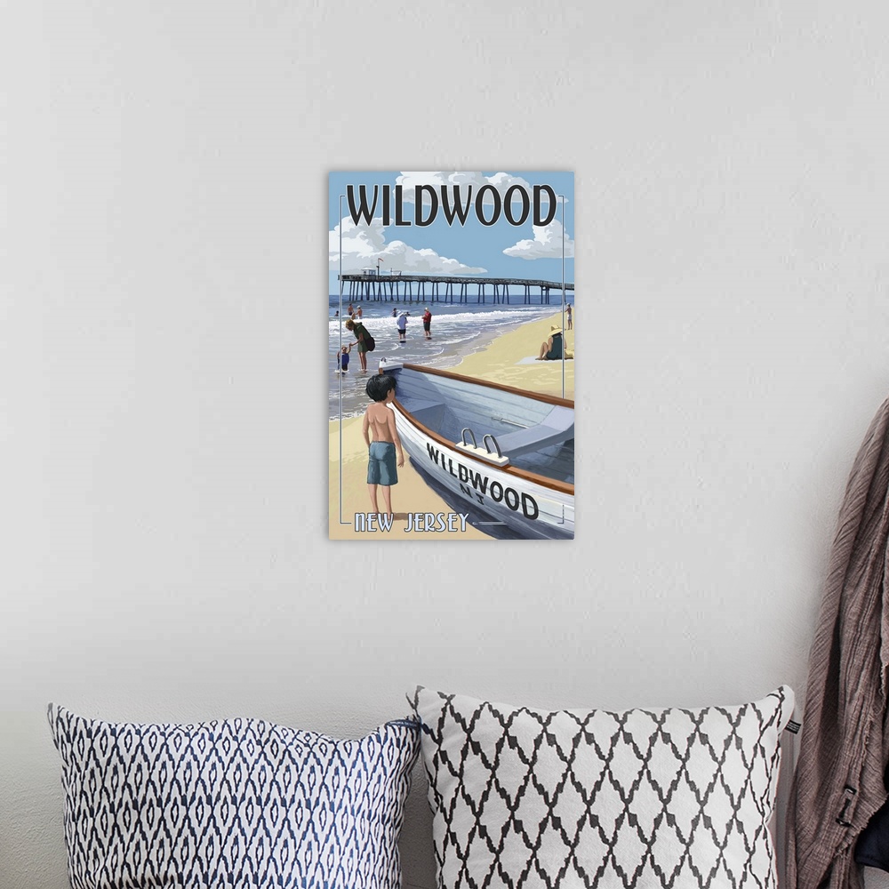 A bohemian room featuring Wildwood, New Jersey - Lifeboat and Pier: Retro Travel Poster