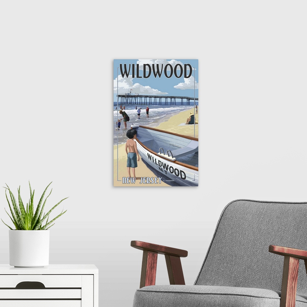 A modern room featuring Wildwood, New Jersey - Lifeboat and Pier: Retro Travel Poster